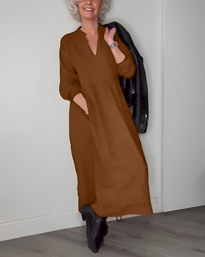 AMANDA – ELEGANT LONG SLEEVE V-NECK MAXI DRESS