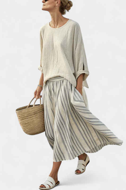 Aurcyn | Comfortable Loose Blouse & Striped Midi Skirt