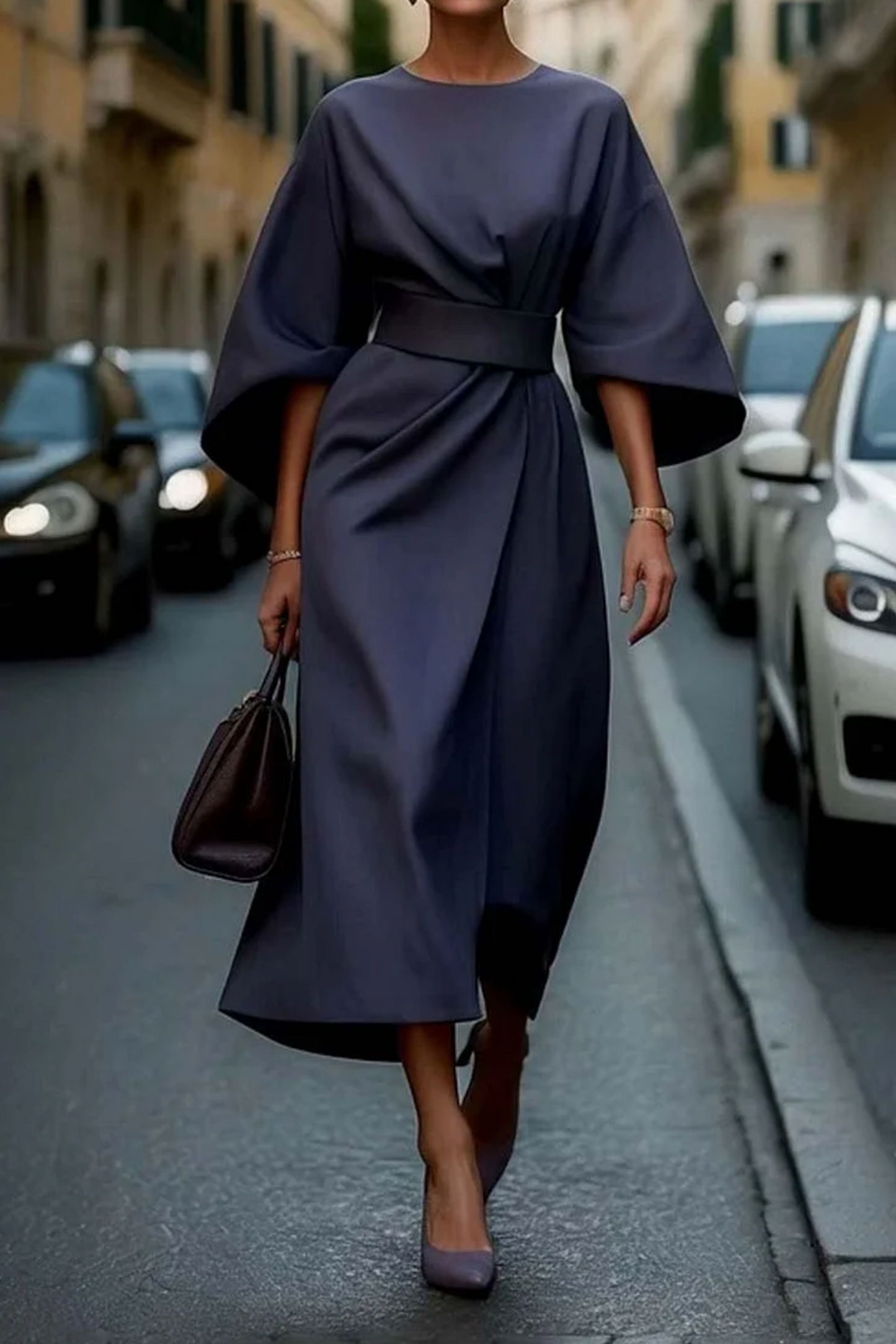 ADRIANA – ELEGANT BELTED BATWING MIDI DRESS