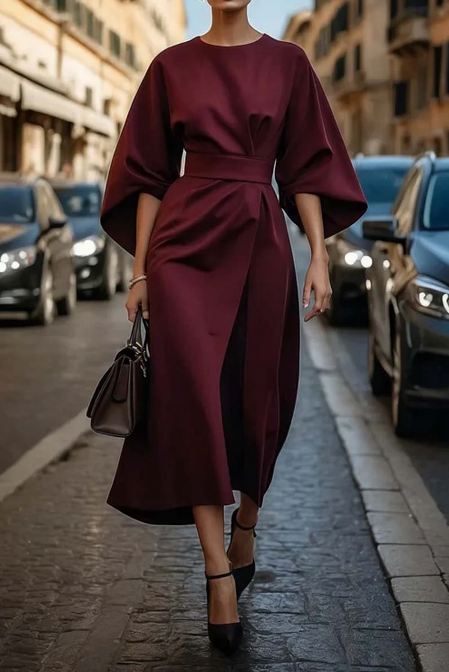 ADRIANA – ELEGANT BELTED BATWING MIDI DRESS