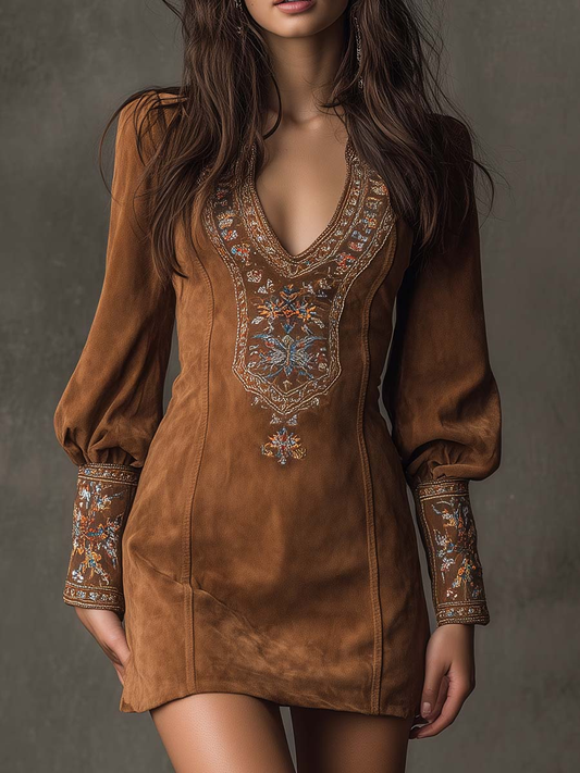 Embroidered Suede Mini Dress Purple