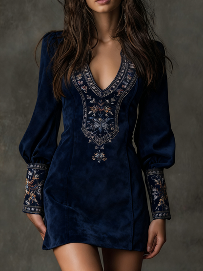 Embroidered Suede Mini Dress Purple